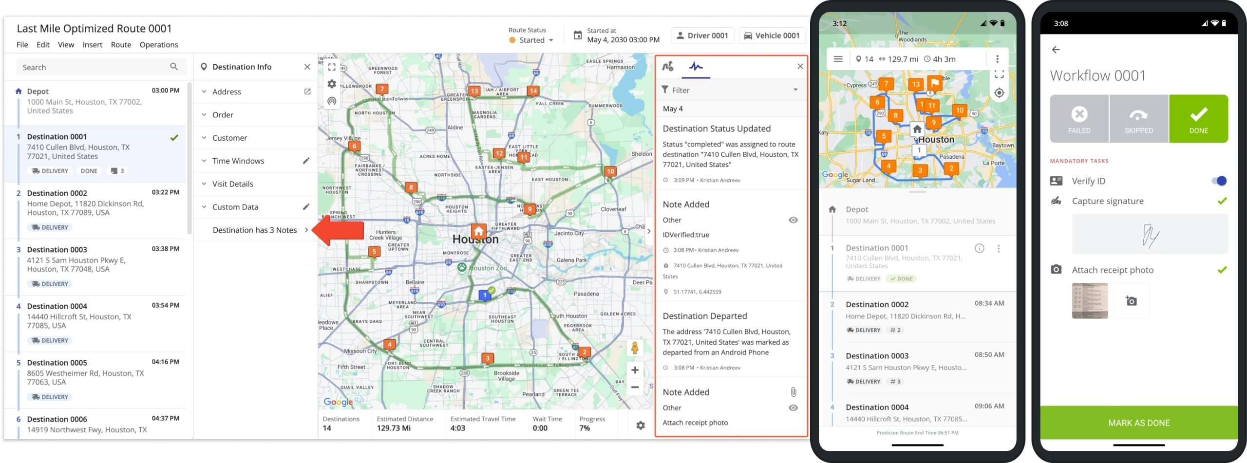 Driver completes required Workflow tasks to assign status to route stop and attach proof of visit, delivery, or service using the mobile app.