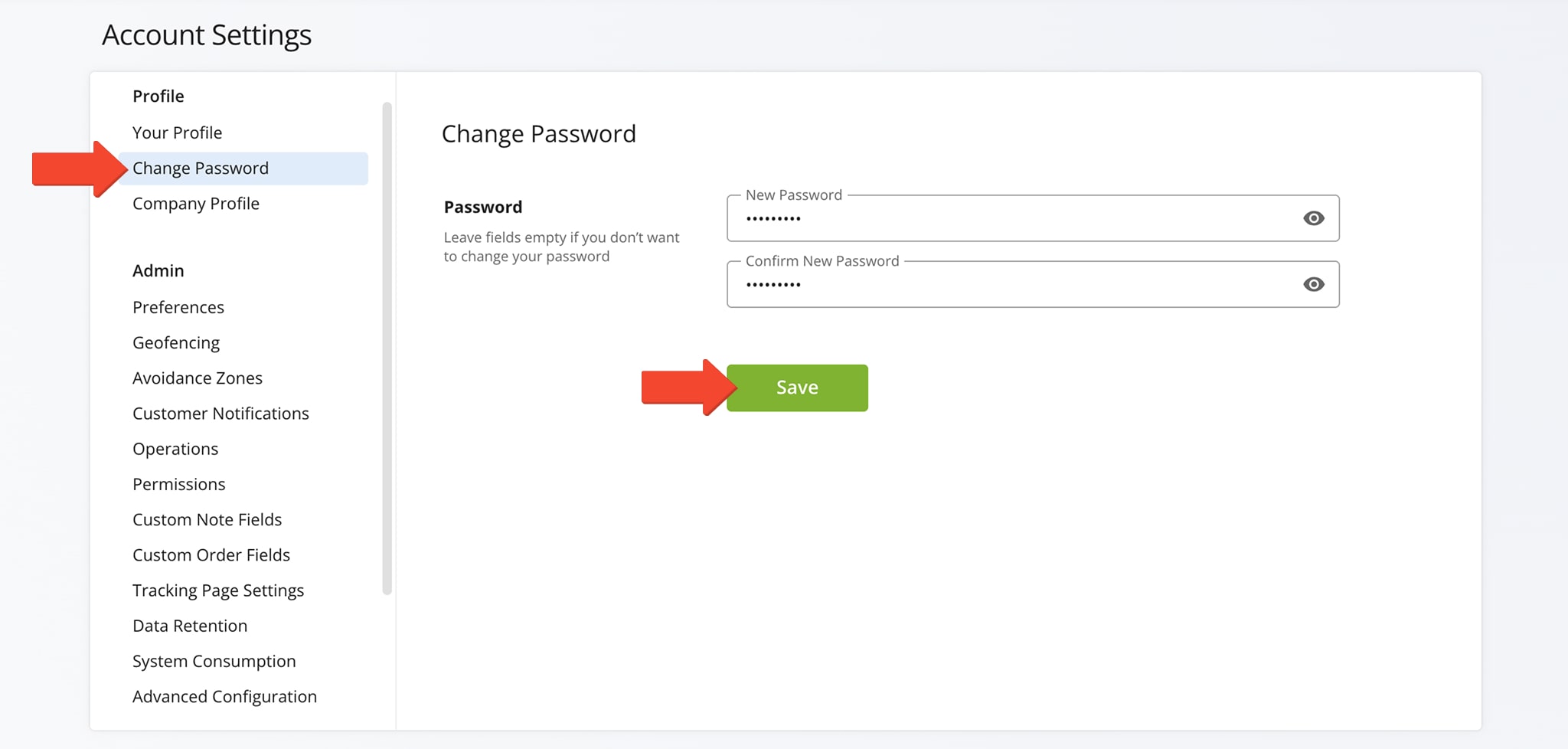 Change and update the Route4Me Web Platform account password in the Account Settings.