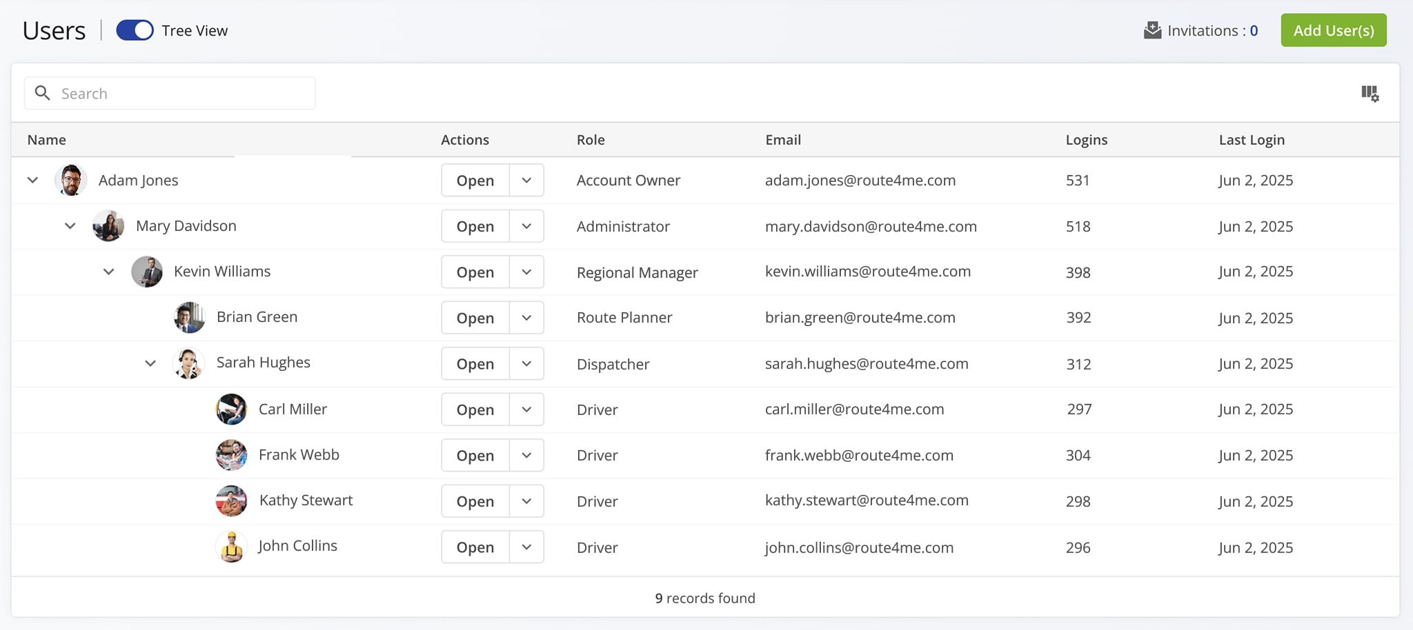 Build a custom team hierarchy in Route4Me by assigning default user types based on roles and rearranging them as needed.