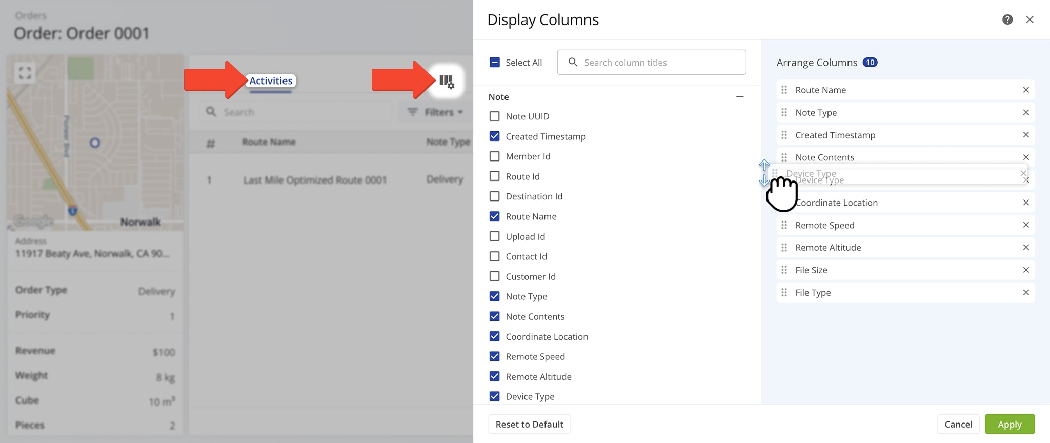 Customize order data by selecting columns to display.