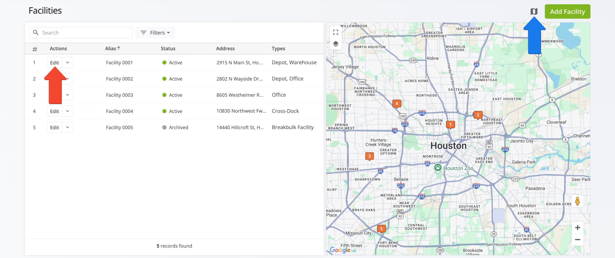 You can access and edit the same Facility details as when creating Facilities by clicking the Edit Facility button and open the Facilities Map by clicking the Map Button.