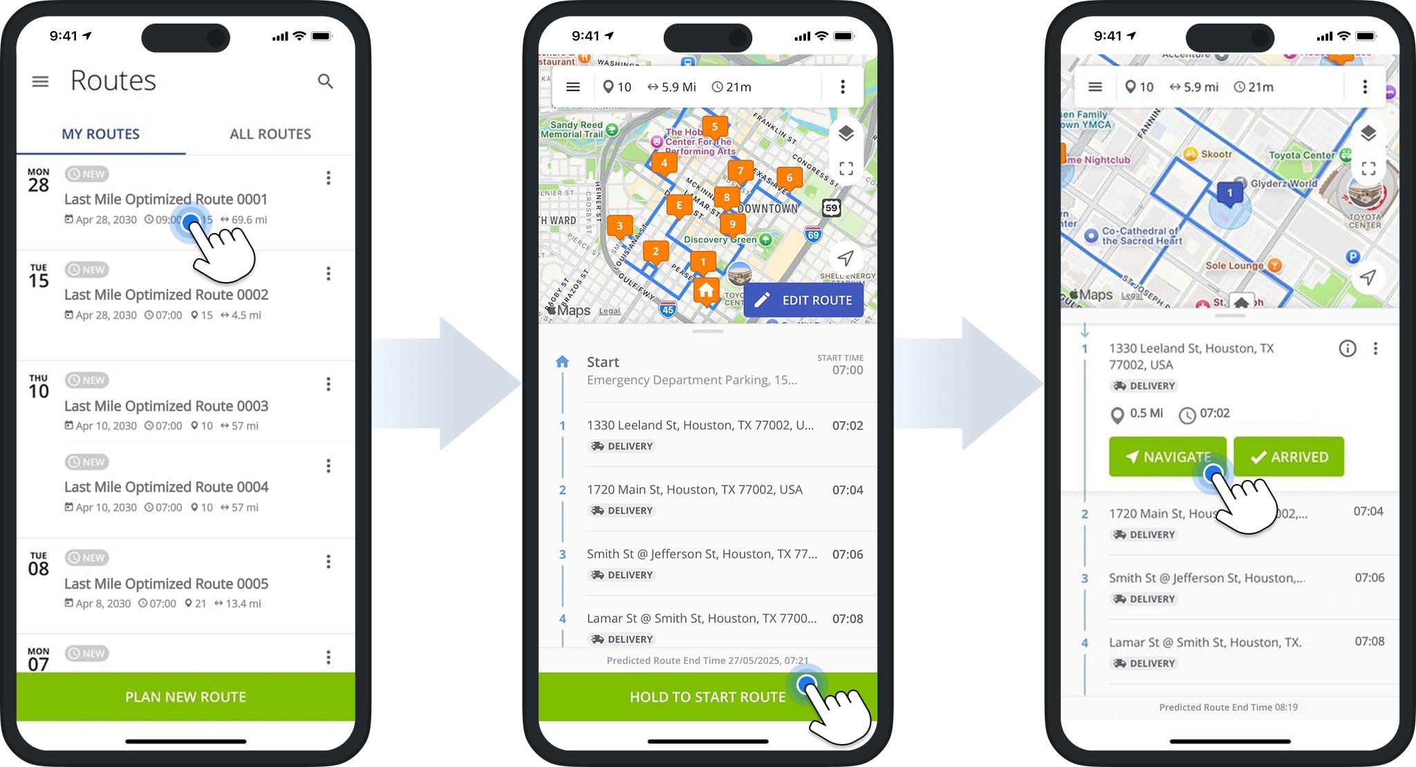 Start optimized and scheduled route on iOS route planner app for iPhone and iPad.