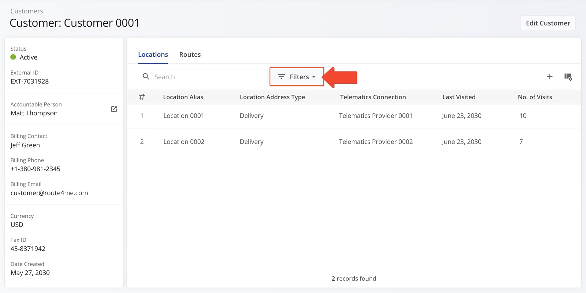 Use filters in the Locations or Routes tab to quickly find the relevant data.