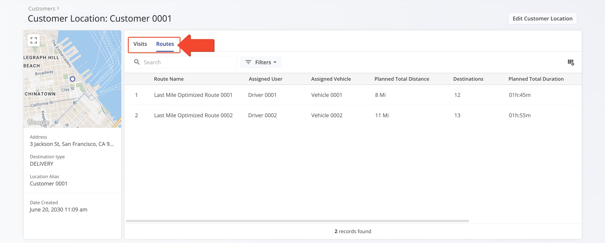 The Snapshot includes two data tabs, Visits and Routes, for viewing key location activity.