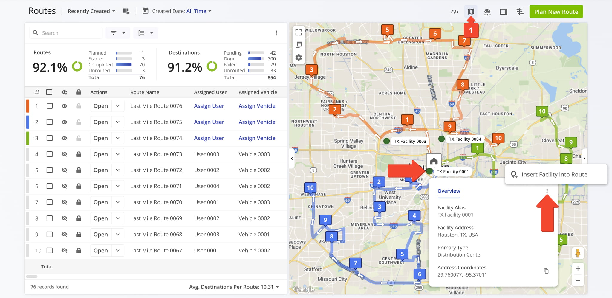 Insert Facilities from the Routes Map on your Routes Page.