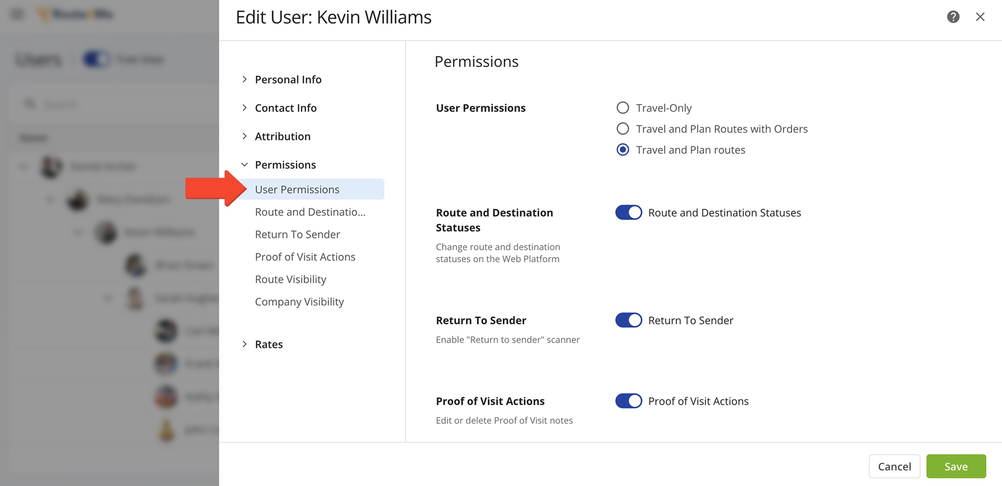 Route4Me team users permissions settings include Read-Only mode, vehicle and driver, address and order, future and past routes visibility.