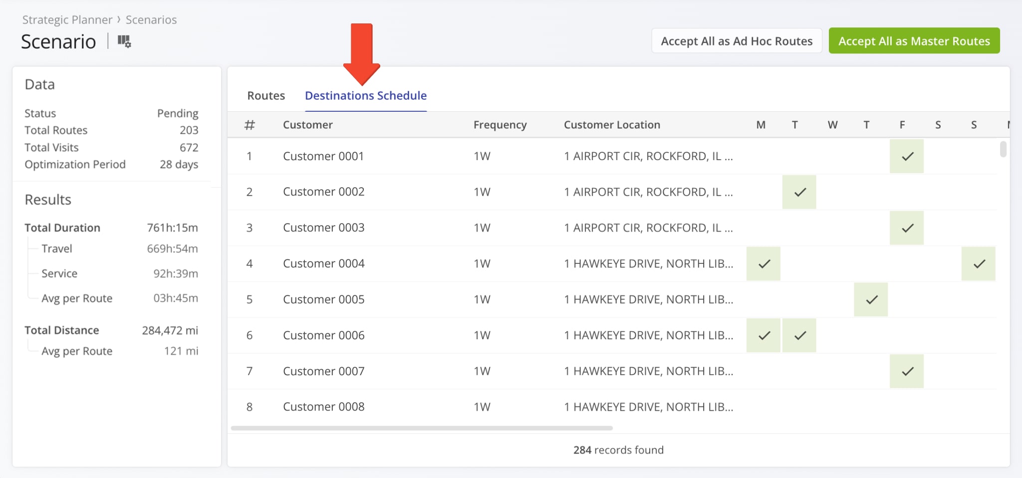 To get a detailed breakdown of the visitation frequency and schedules for all destinations included in a scenario, click the 'Destinations Schedule' tab.