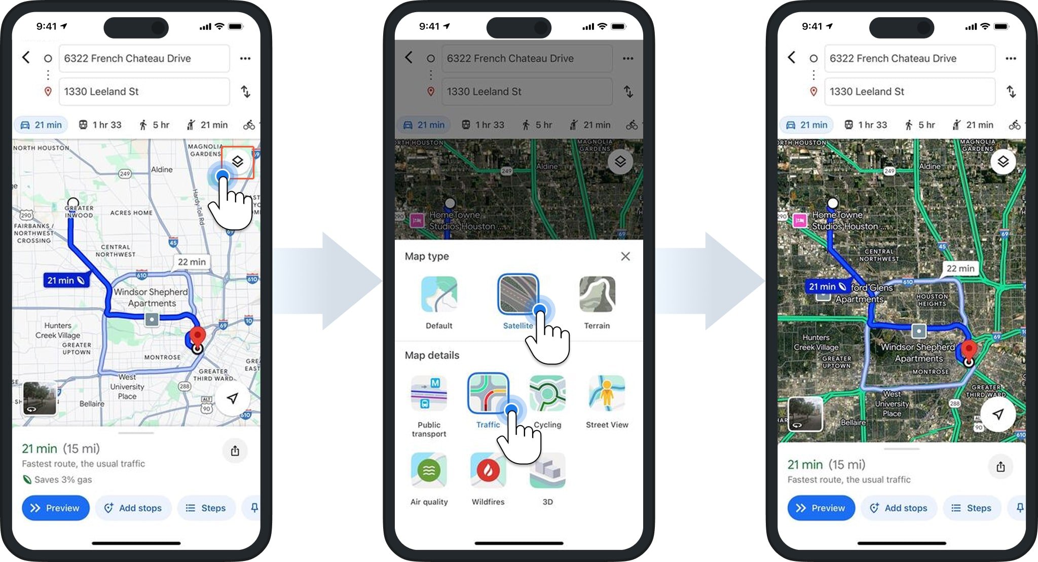 Open the Map Type menu to choose satellite, 3D, or other views, and Google Maps will update the layout accordingly.