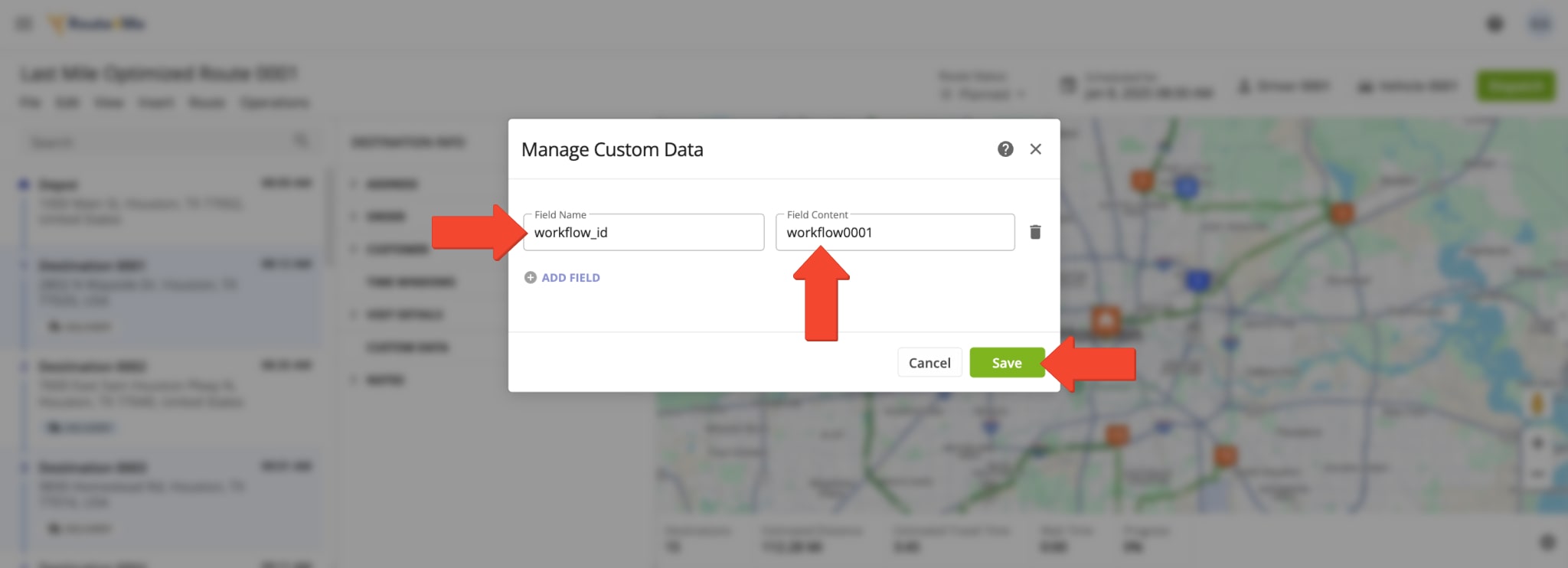 Enabling Workflow mandatory and optional driver tasks and actions for route stops by adding Workflow IDs as Custom Data.