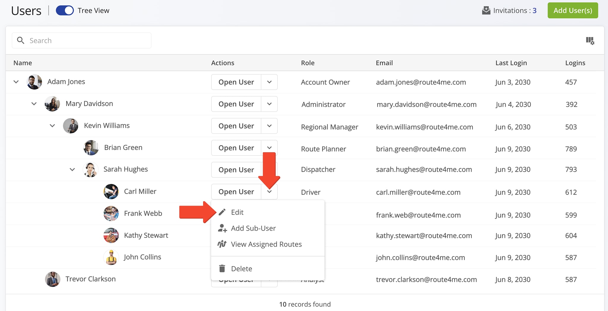 Edit account level permissions for drivers, route planners, dispatchers, and other team members.