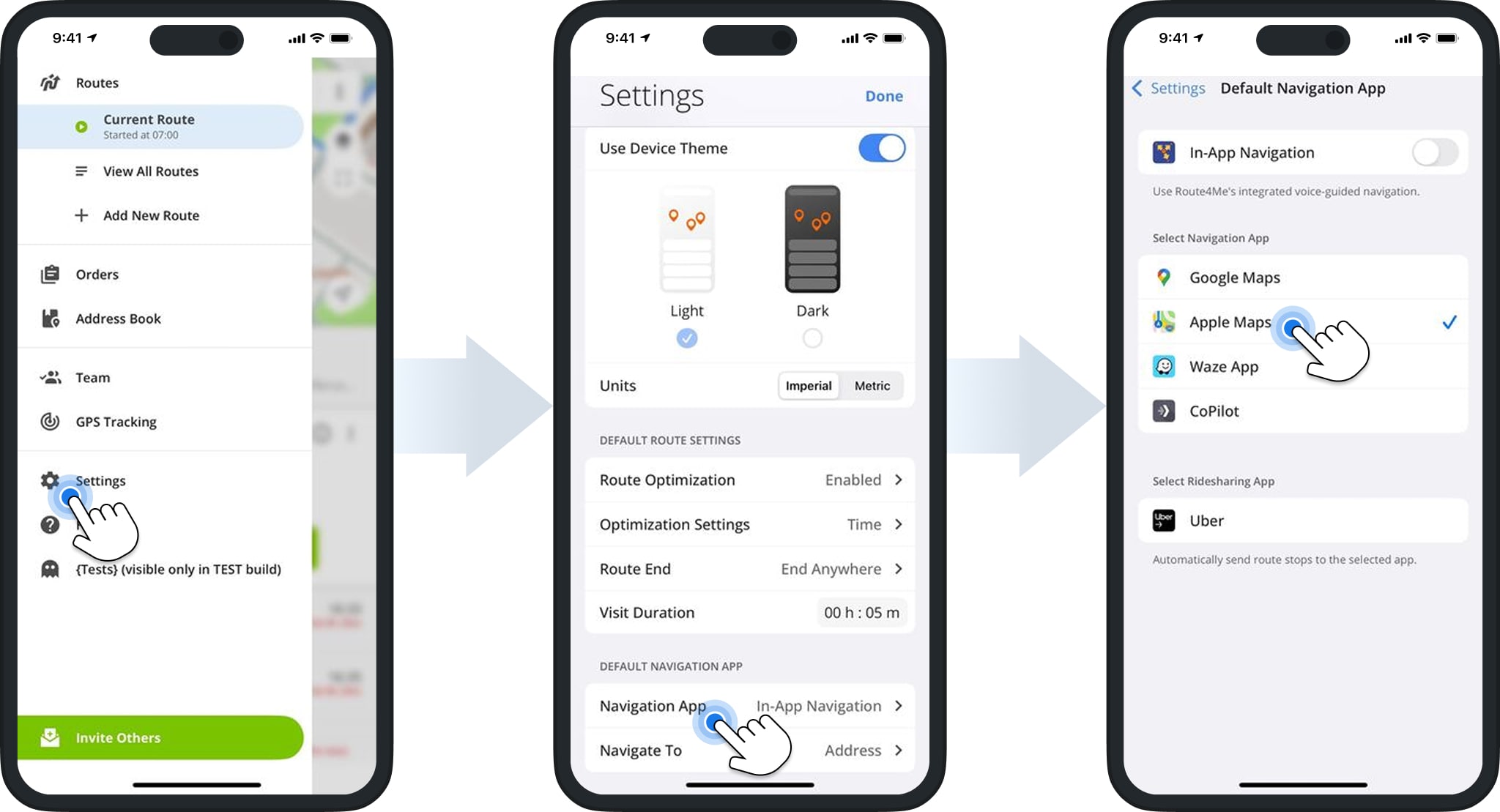 To navigate with Apple Maps, set it as your default in Route4Me.