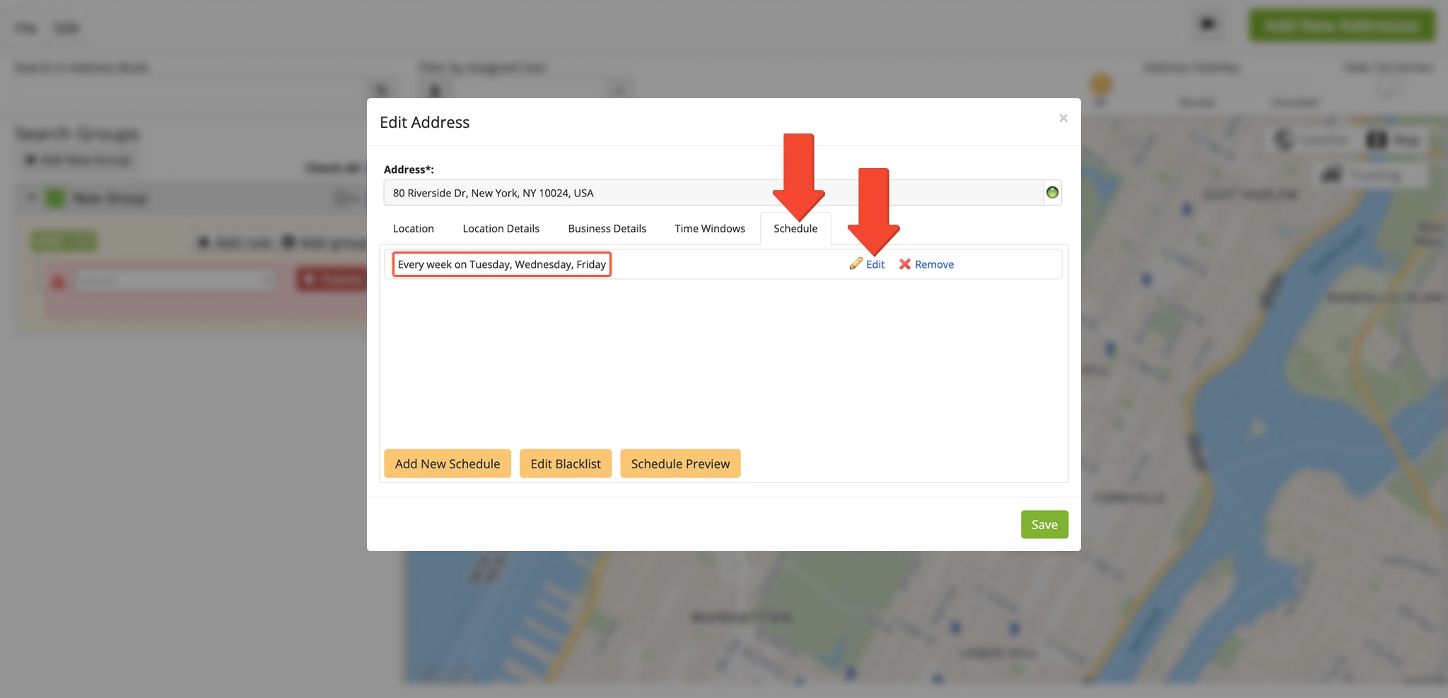 You can view and edit recurring schedules by right-clicking an Address Pin on the Address Book Map.