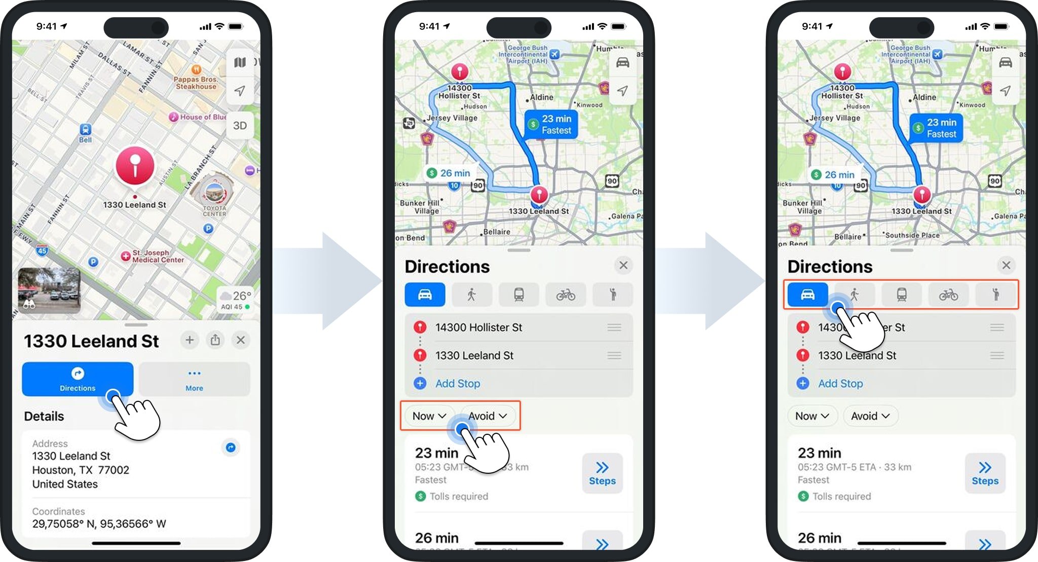 In Apple Maps, set route options and choose your travel mode to begin navigation.