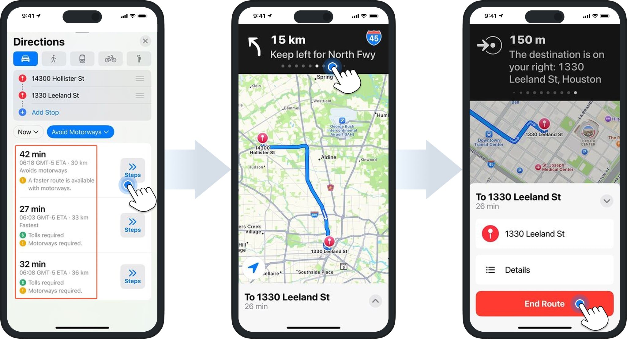 Apple Maps adjusts your route based on your travel mode and settings.