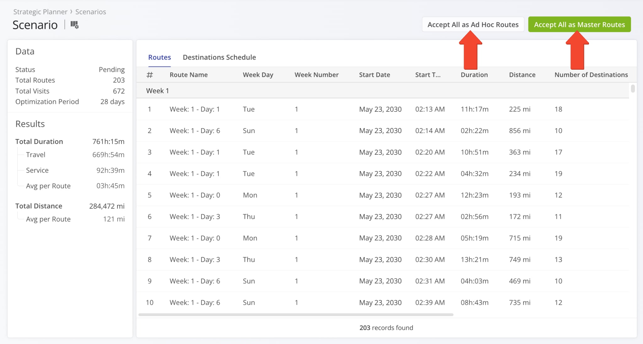 Once you open a scenario, you can see all the routes that are associated with it, including details like start time, planned distance and duration, number of destinations, etc.