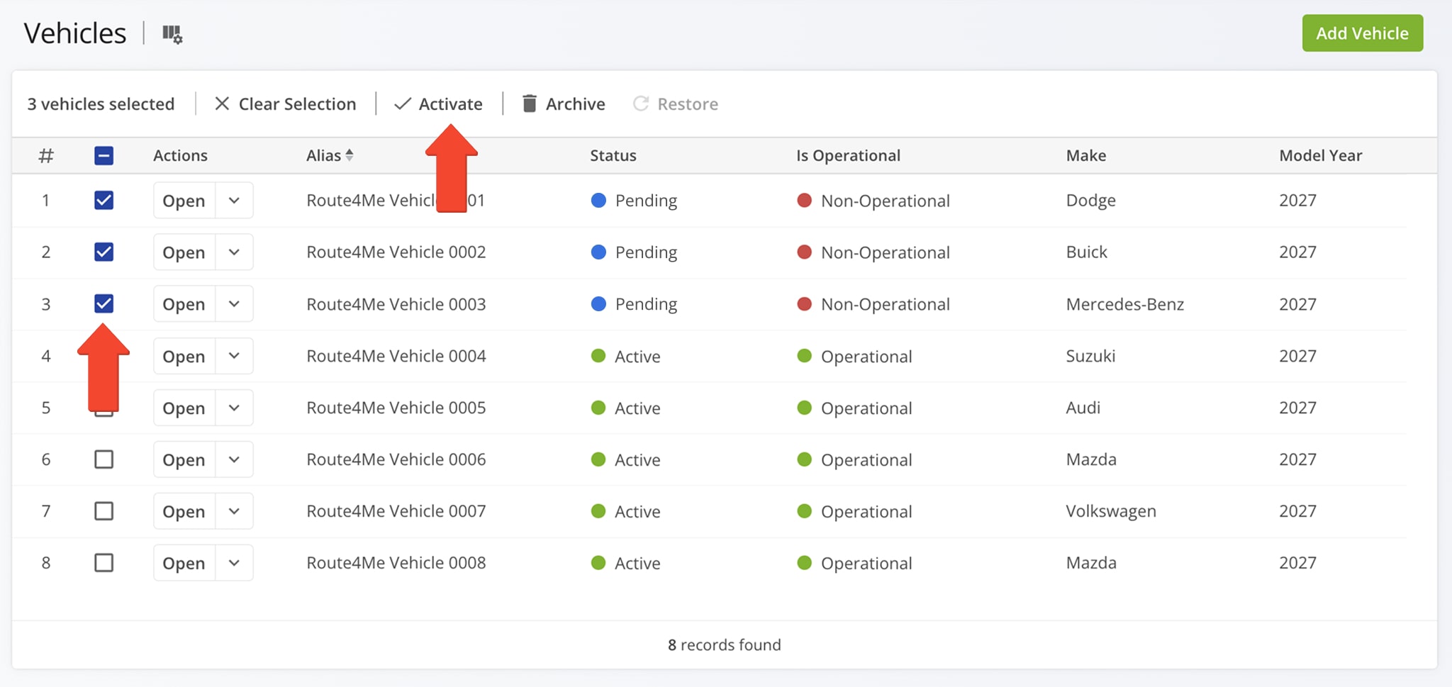 After establishing a telematics connection, your telematics vehicles and their data will be automatically imported to your vehicles list. 