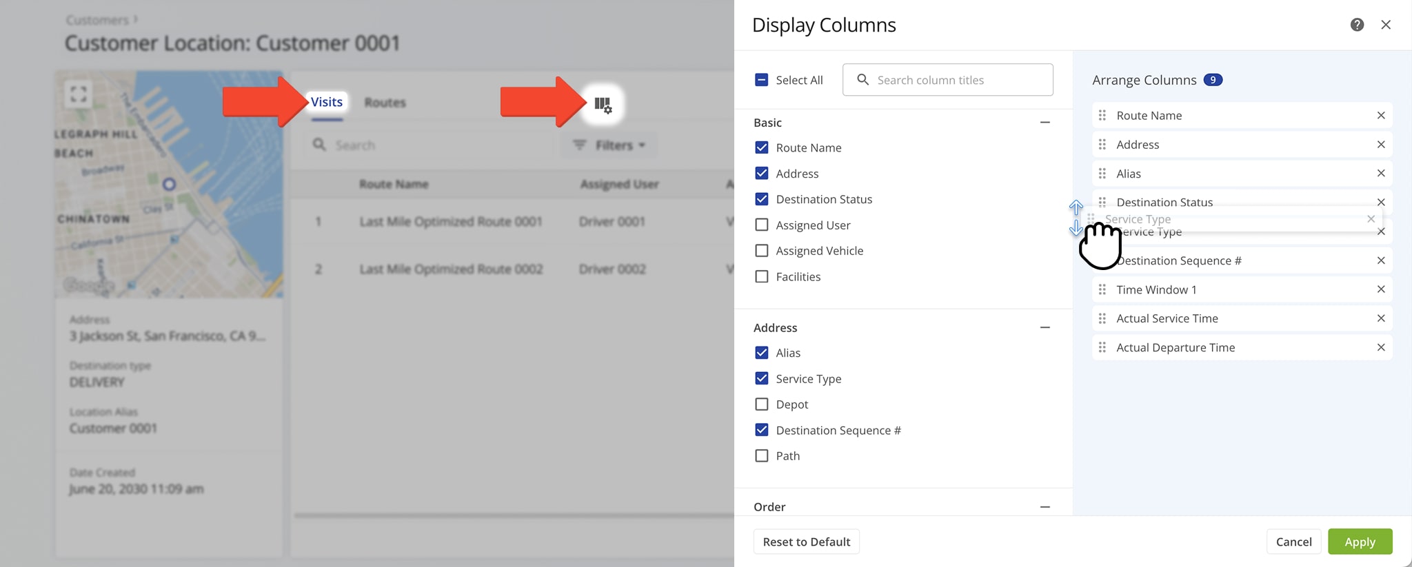 Customize Visits data by selecting columns to display.