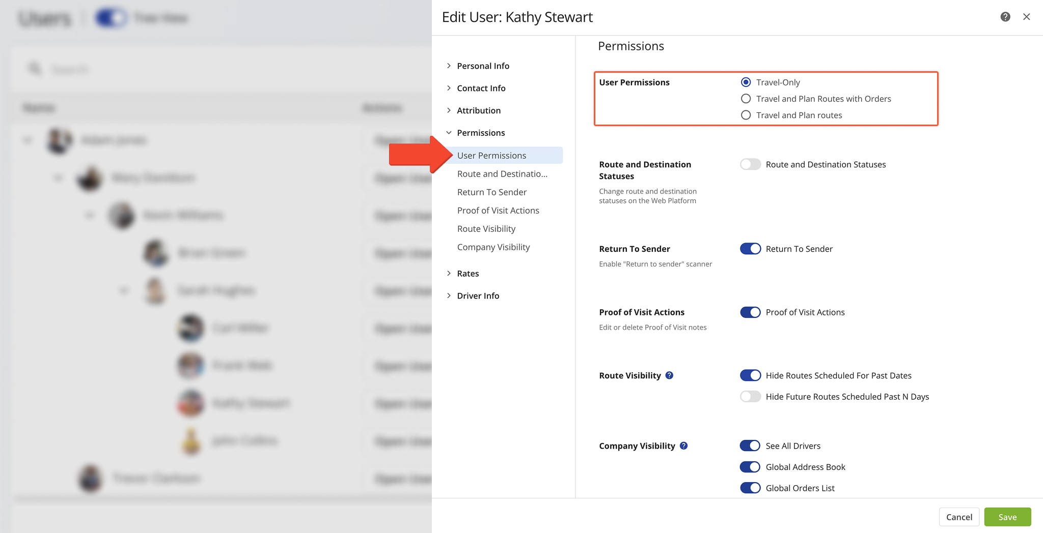 Read-only user permissions allow drivers, route planners, and other team members to see routes assigned to them but prohibit editing routes.