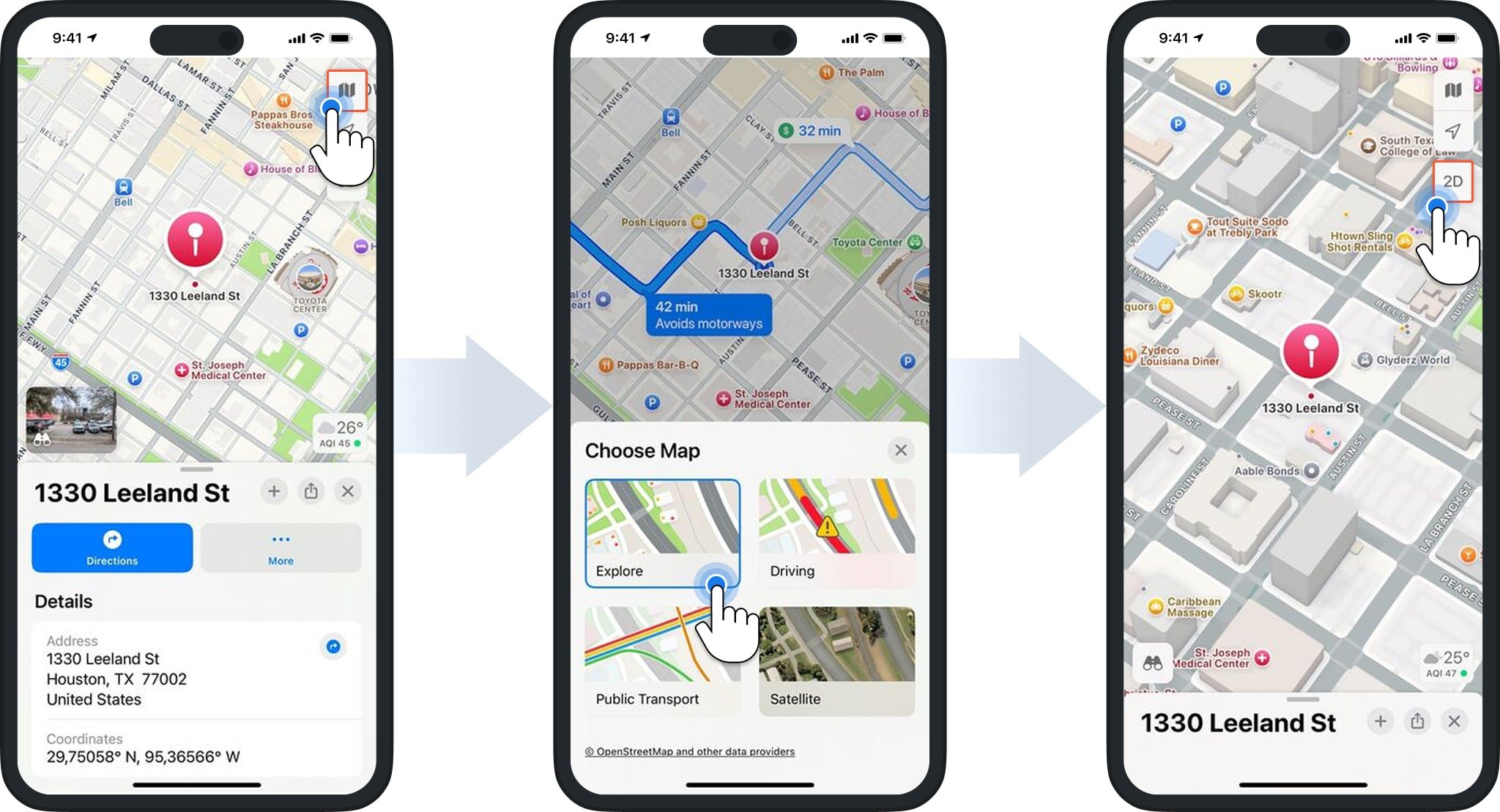 Customize your Apple Maps view by clicking the Map Icon, selecting a map type, and toggling between 2D and 3D perspectives.
