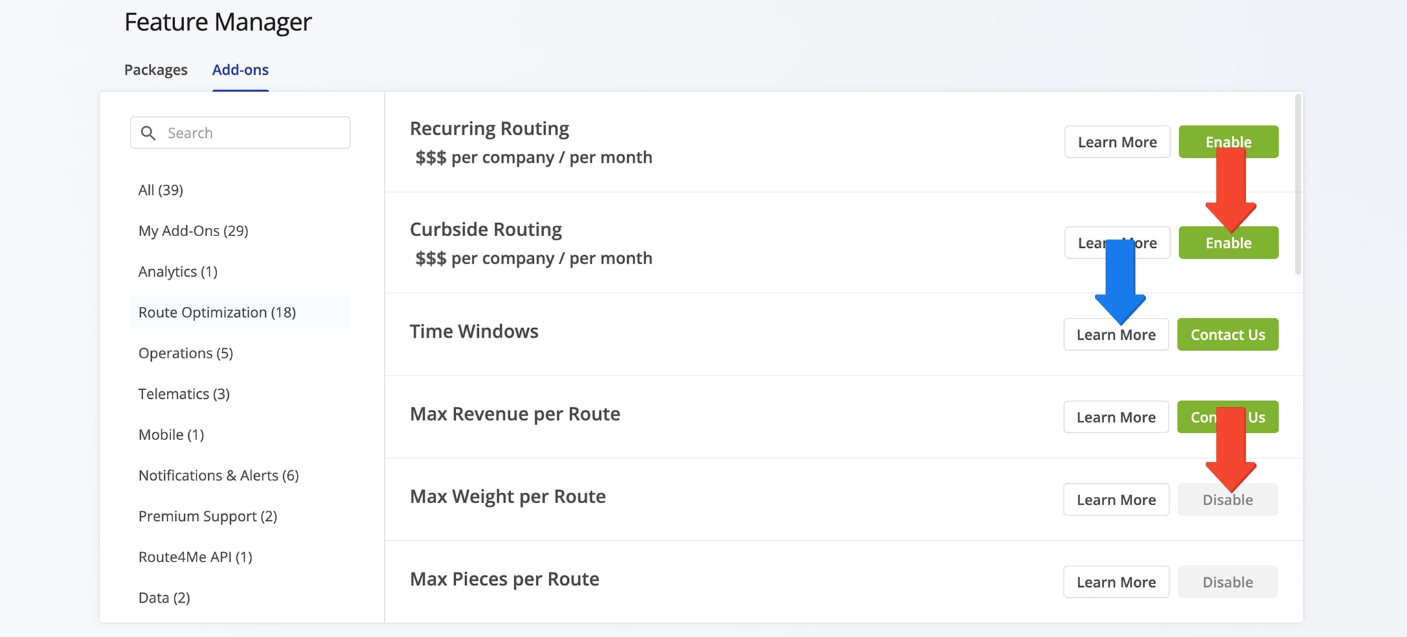 Enable add-ons and modules to customize your RouteMe route planning account using the Feature Manager.
