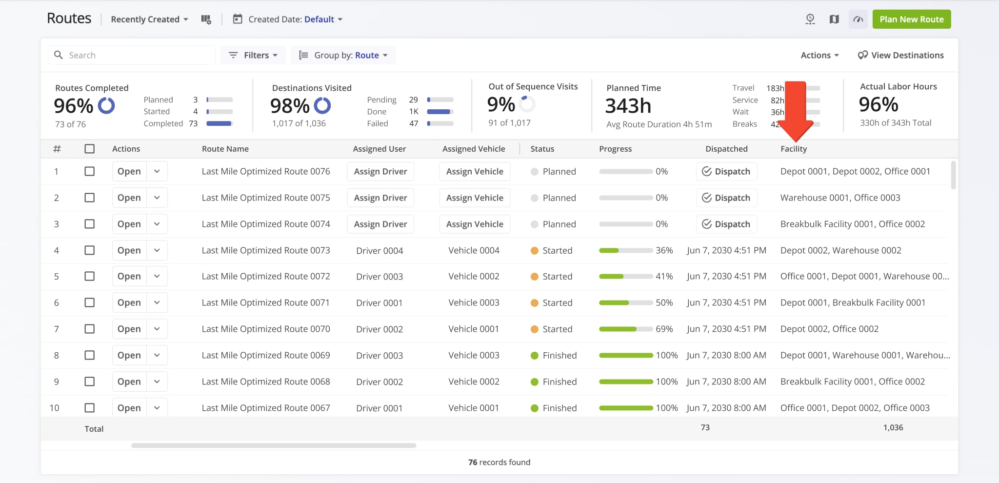 The associated Facilities of your planned and optimized routes can easily be checked in the Routes List.