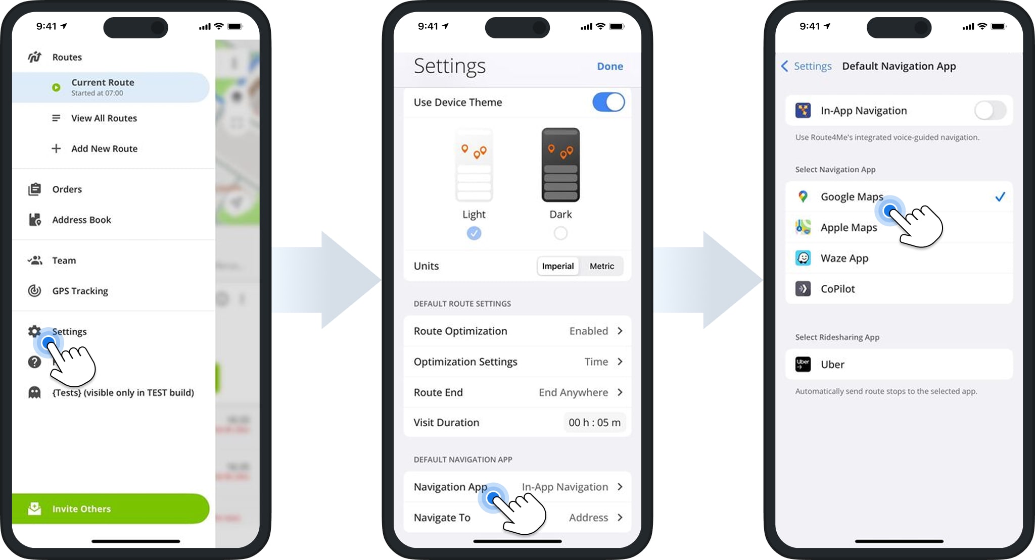 Set Google Maps as your default navigation app in Route4Me to send and navigate route destinations.