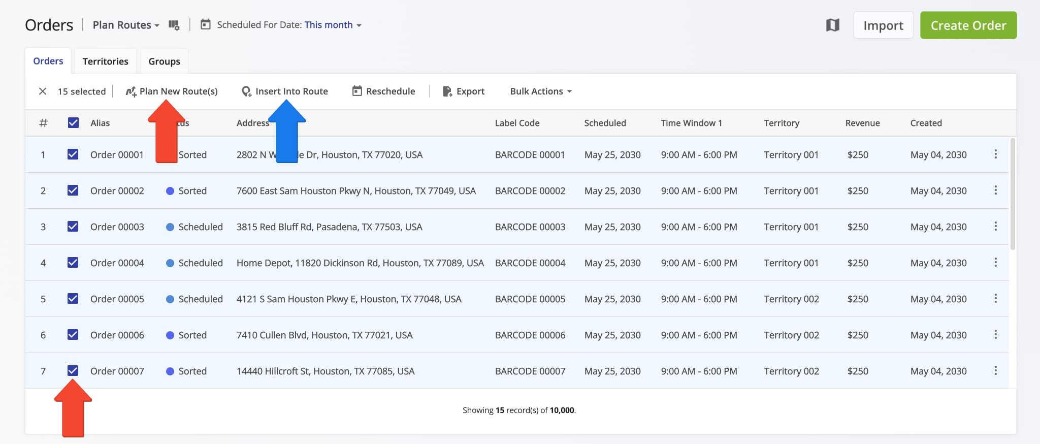 Select the orders you want to route by checking their boxes, then click 'Plan New Route(s)' to create a route with them.