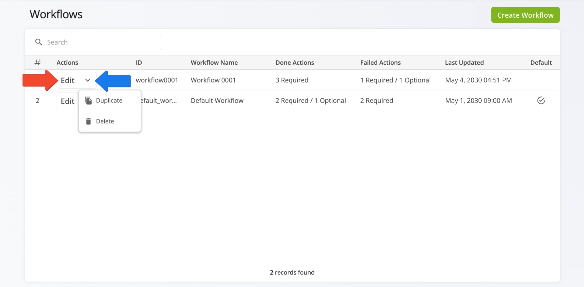 Workflows Management: Edit Workflows to add or remove tasks or change actions, duplicate Workflows, and delete Workflows.