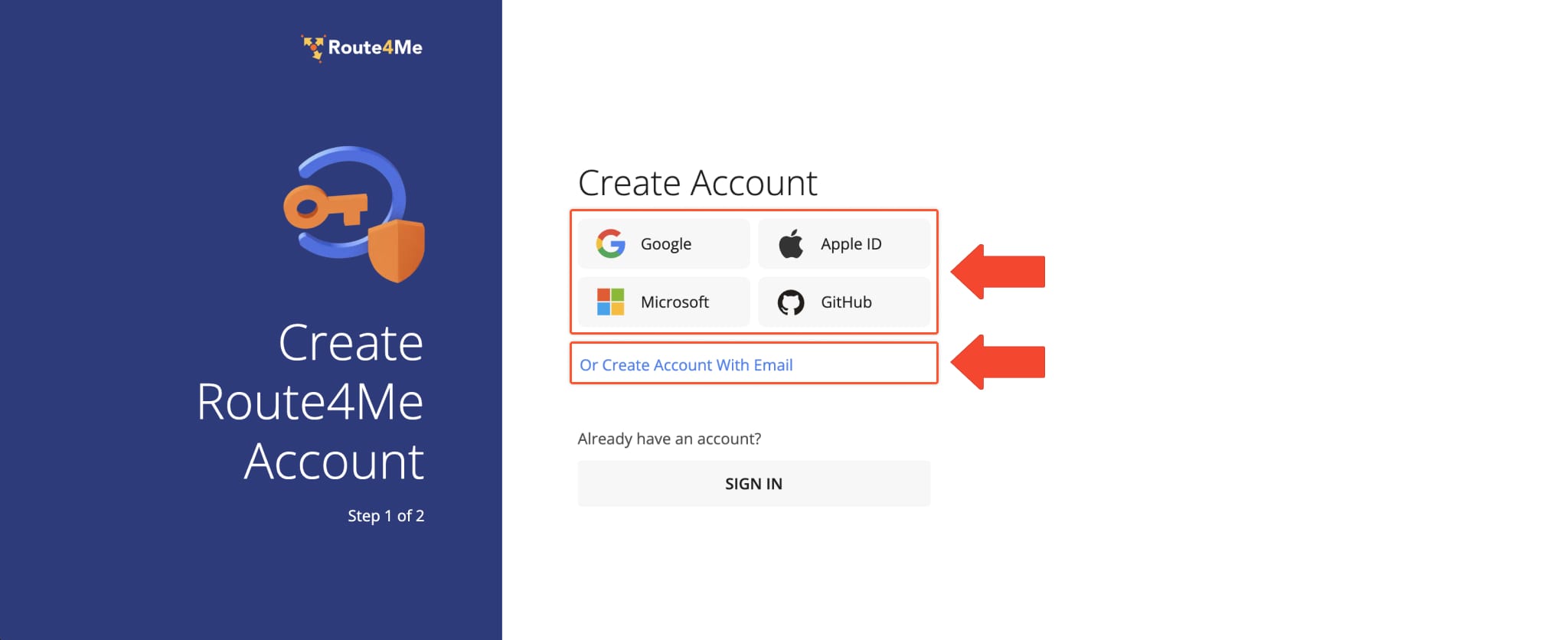 Register for a Route4Me last mile optimization software account using Google SSO, Apple ID, Microsoft, GitHub, or email address.