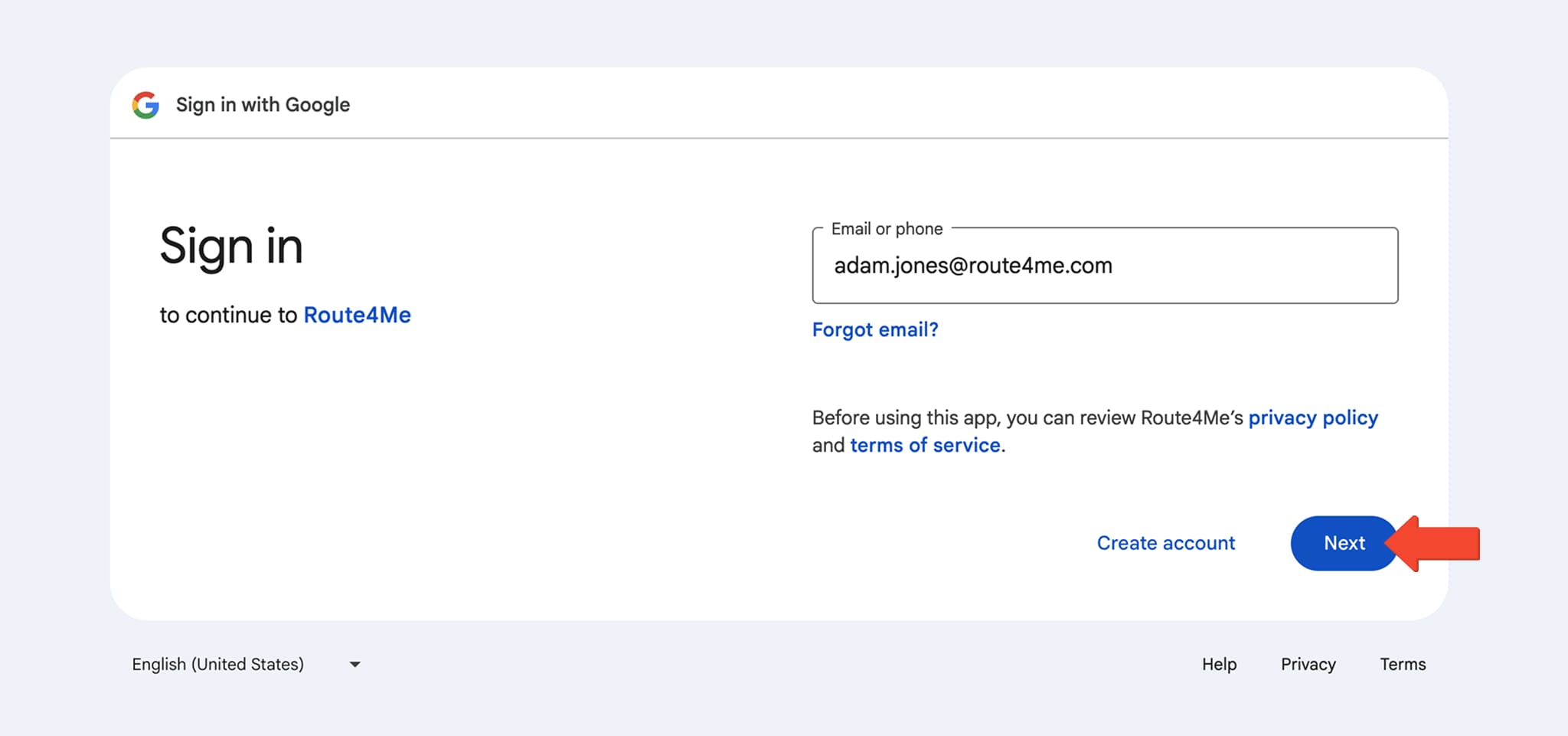 Log into the Route4Me Web Platform account using Google Single Sign-On (Google SSO).