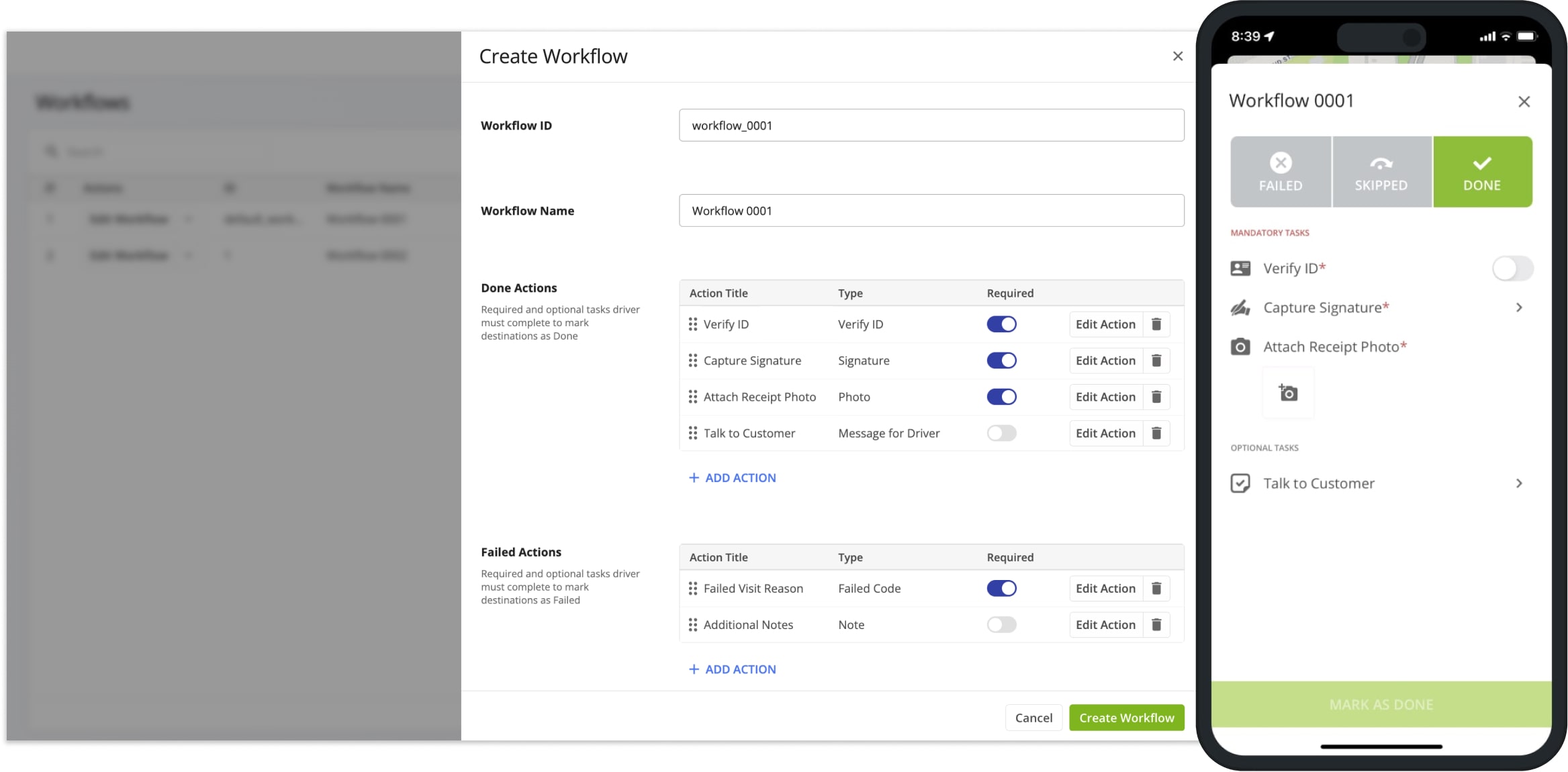 Workflows Overview: Add custom Workflow actions and driver tasks, enable Workflows for route stops, collect proof of visit and delivery.