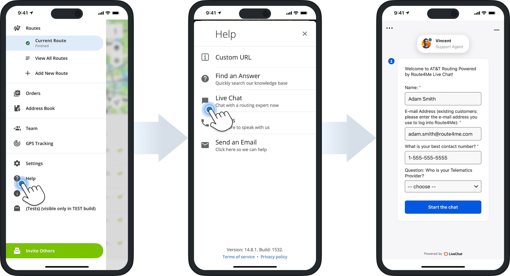 Route4Me iOS Mobile App live chat, email, and phone customer support.