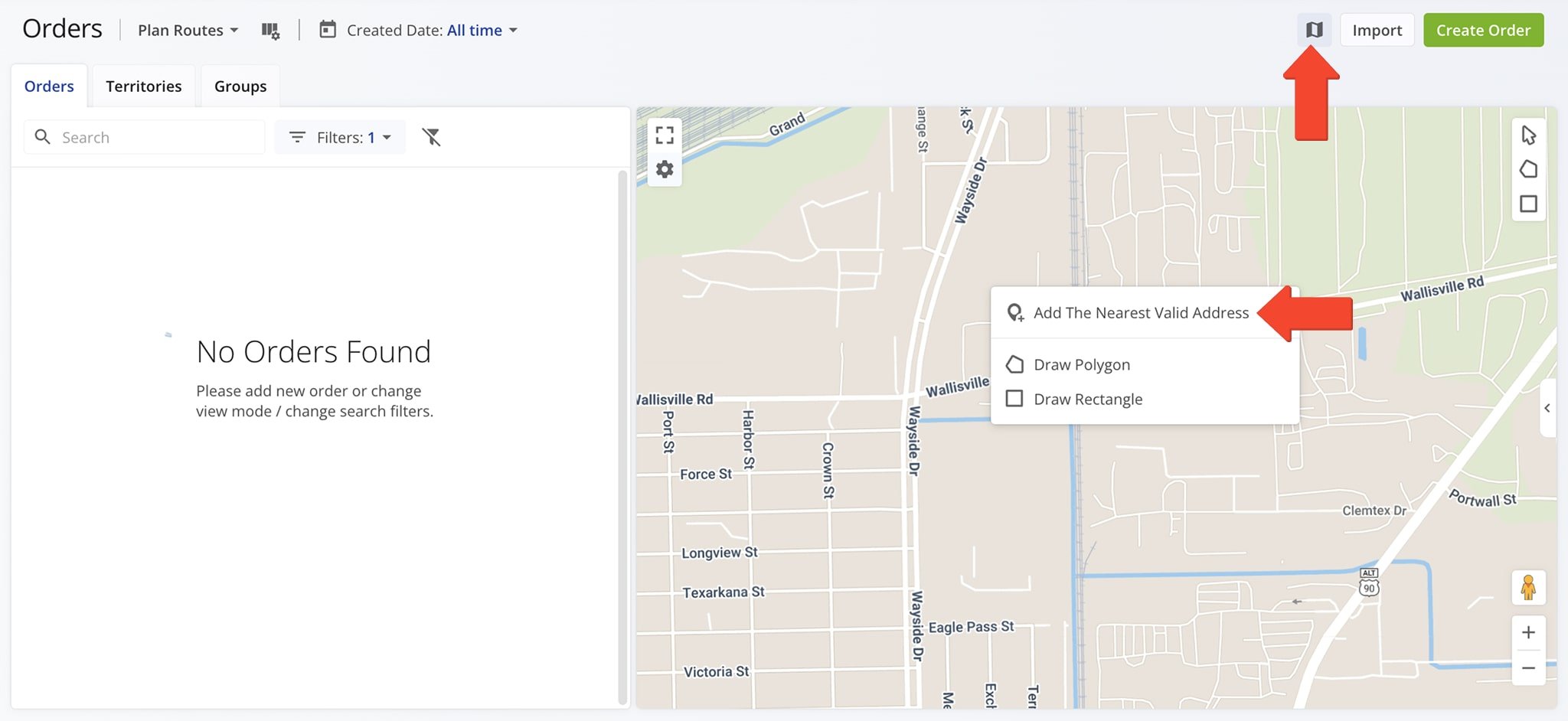 Add orders directly from the map by right-clicking on the preferred address.
