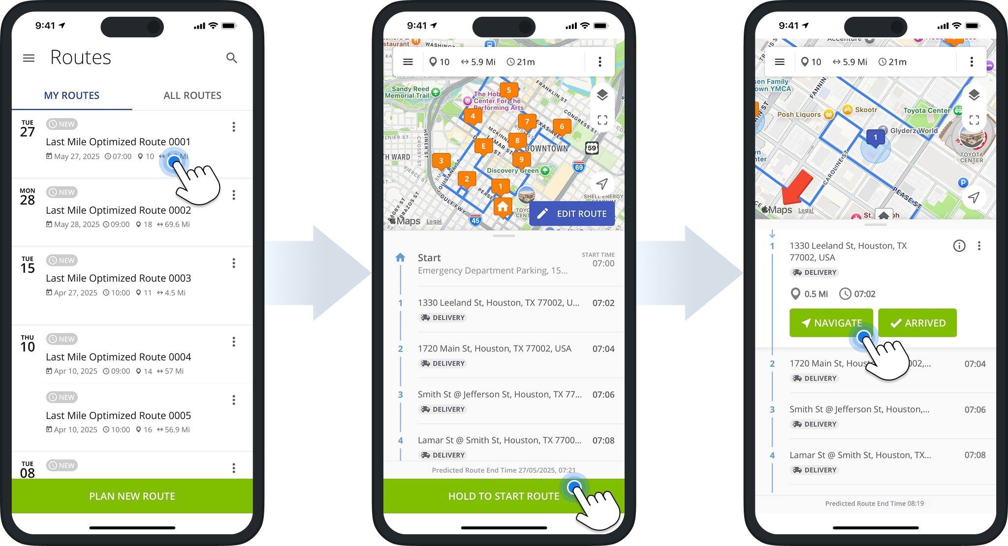 Start optimized and scheduled route on iOS route planner app for iPhone and iPad.