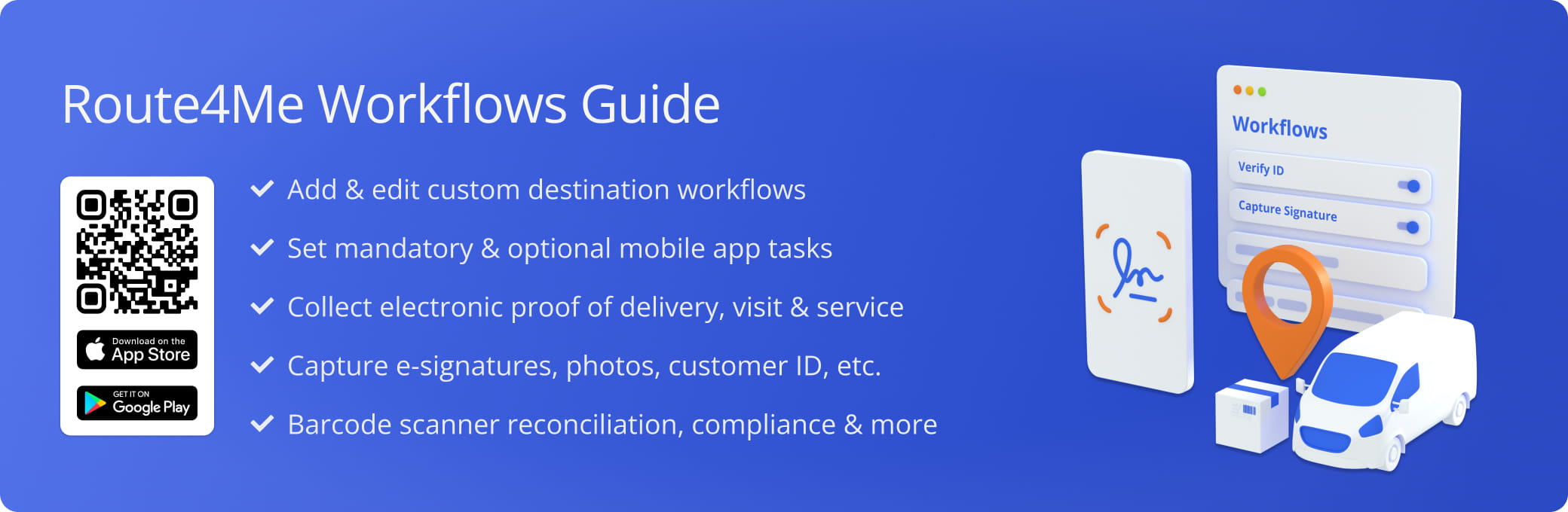 Route4Me Workflows: proof of delivery, visit, and service workflows with mandatory and optional mobile driver tasks.