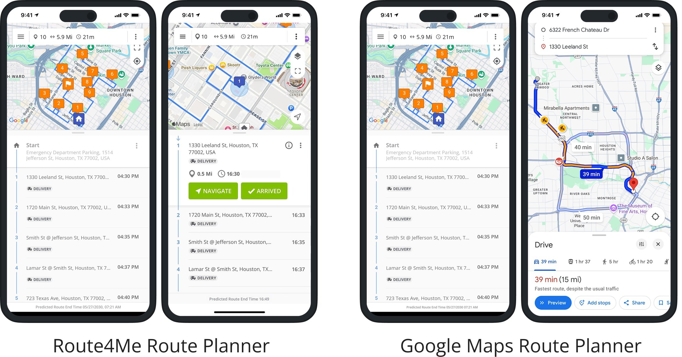 Google Maps vs Route4Me Route Planner app for last mile delivery route planning and optimization.
