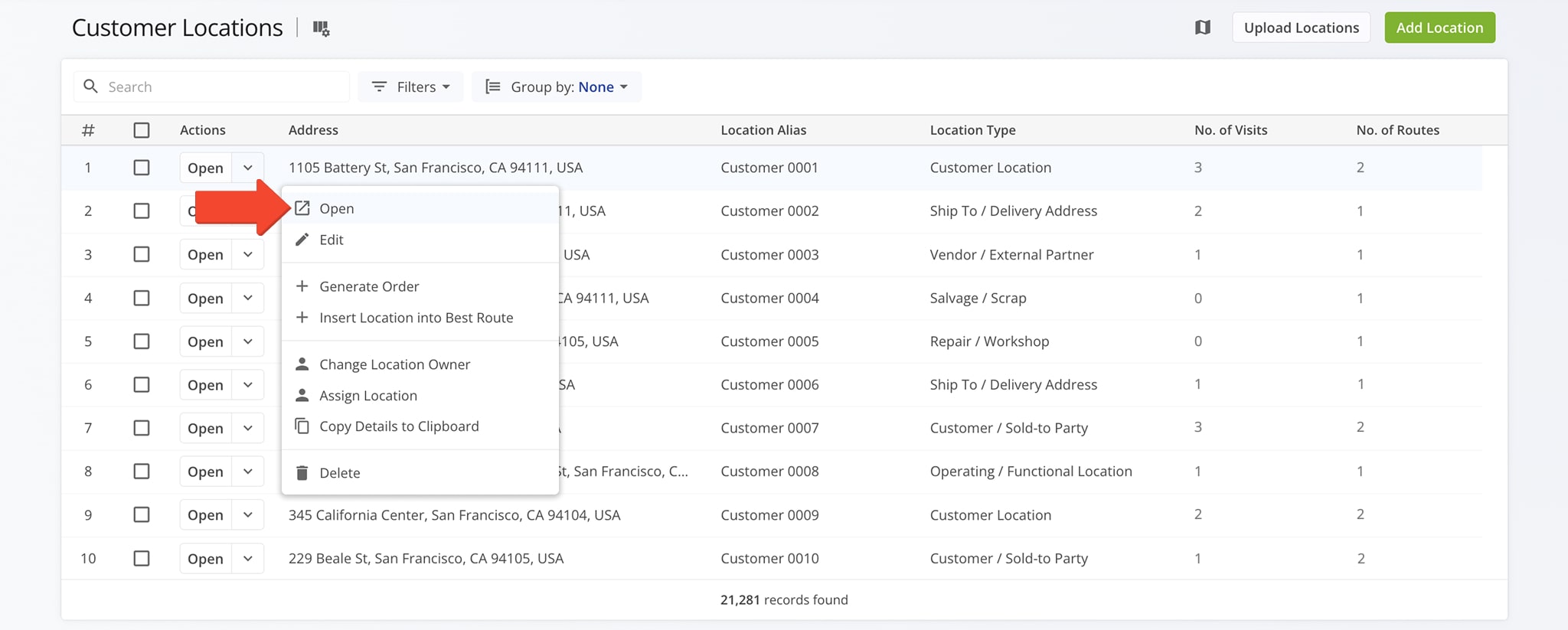 Open a Customer Location Snapshot to view and manage detailed location data.