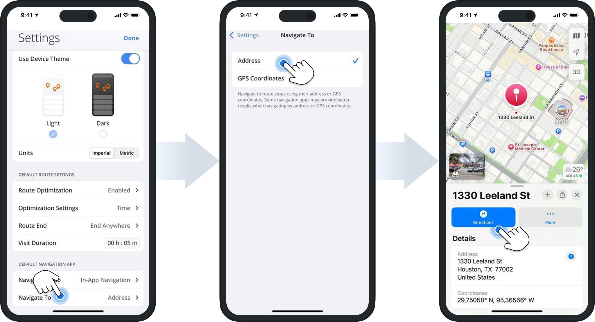 Choose how to send location data to your navigation app, and Route4Me will transfer it for route preview and navigation.