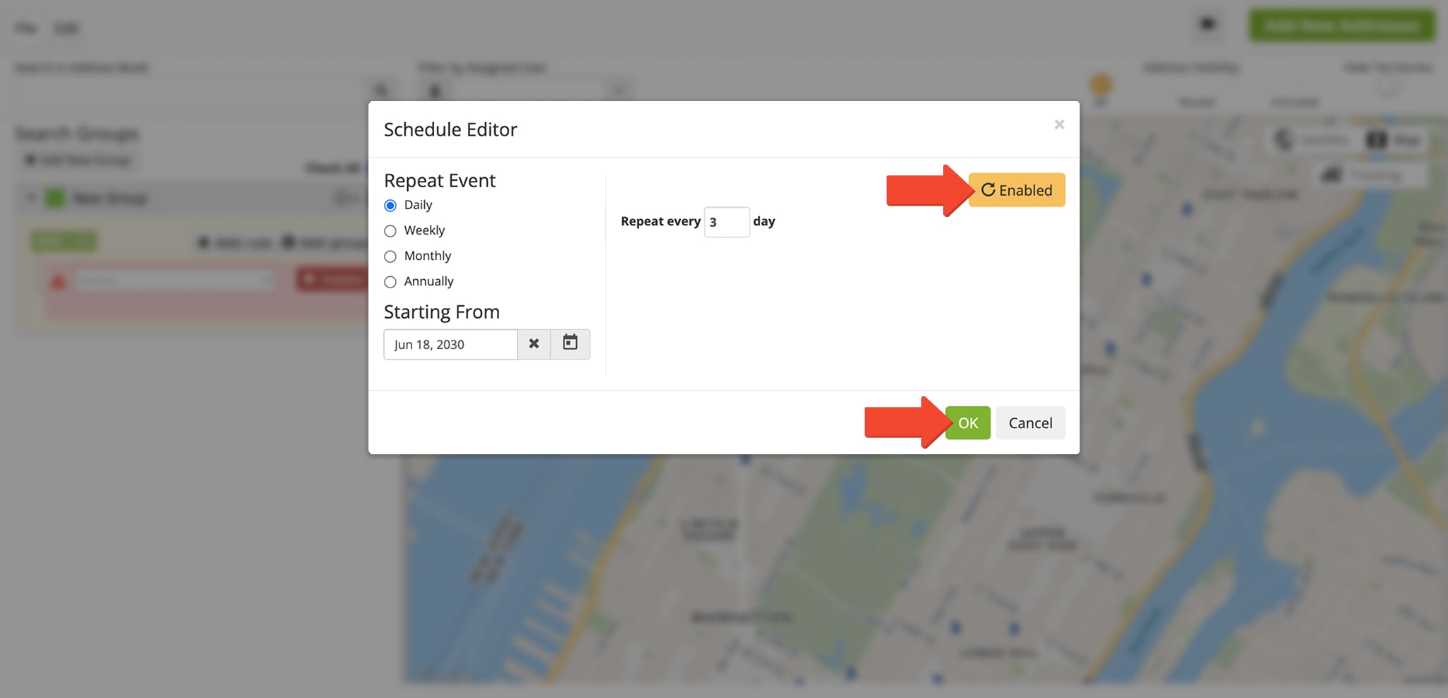 To add a recurring schedule, open the address details in your Address Book Map.