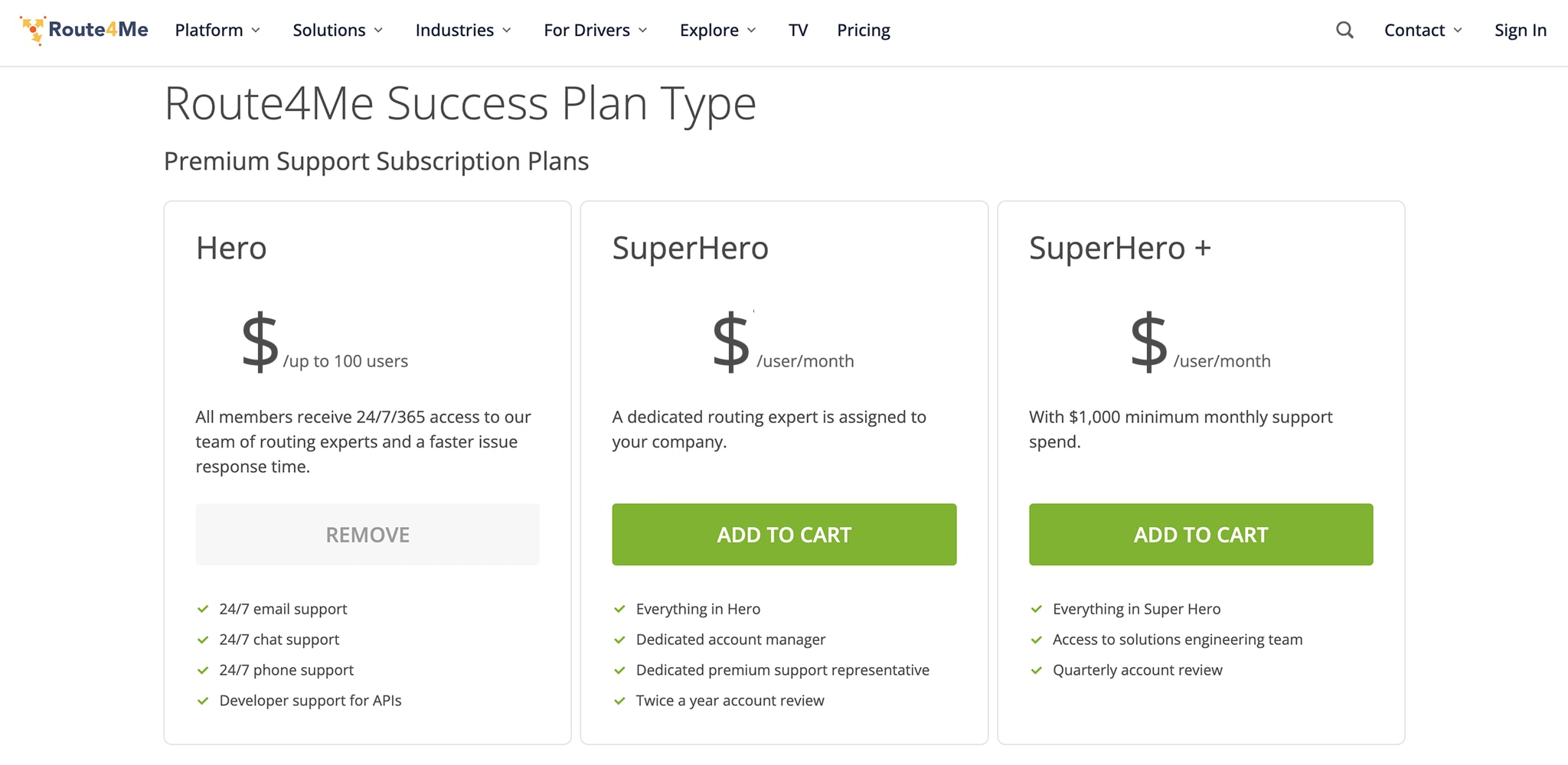 Route4Me customer success plan types and premium support subscription plans.