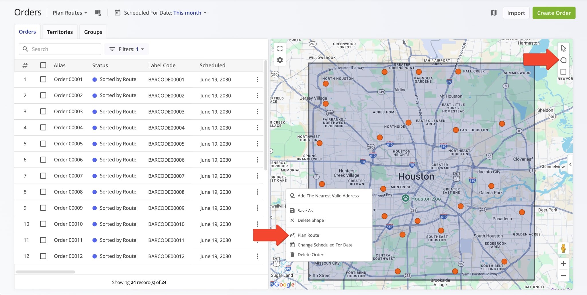 Easily plan routes with orders by drawing a shape around the preferred orders on the Orders Map and seamlessly planning a route.
