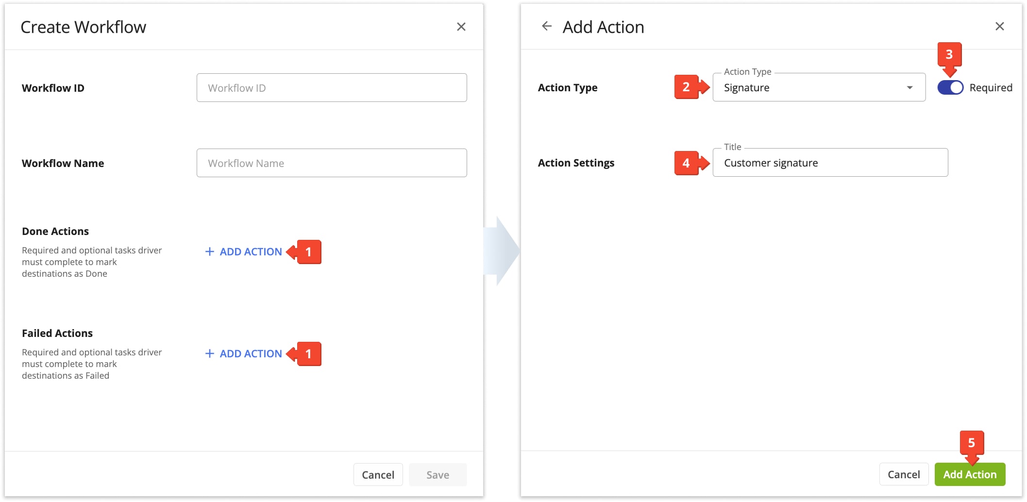 Add Done and Failed mandatory and optional actions to last mile routing workflows for proof of delivery and visit.