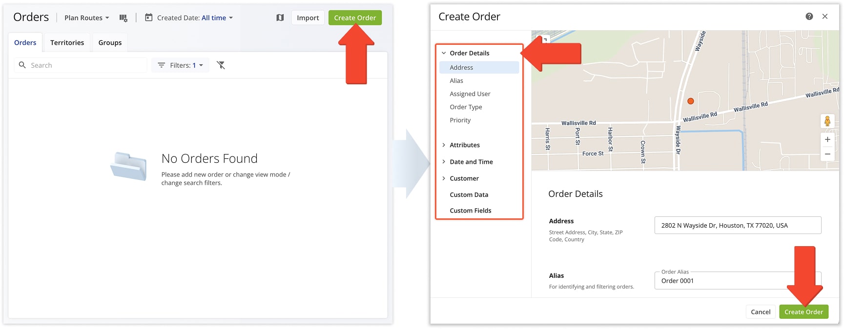 When you manually add customized orders in the Orders List, you can adjust order details such as address, scheduled for date, order destination type, priority, and more.