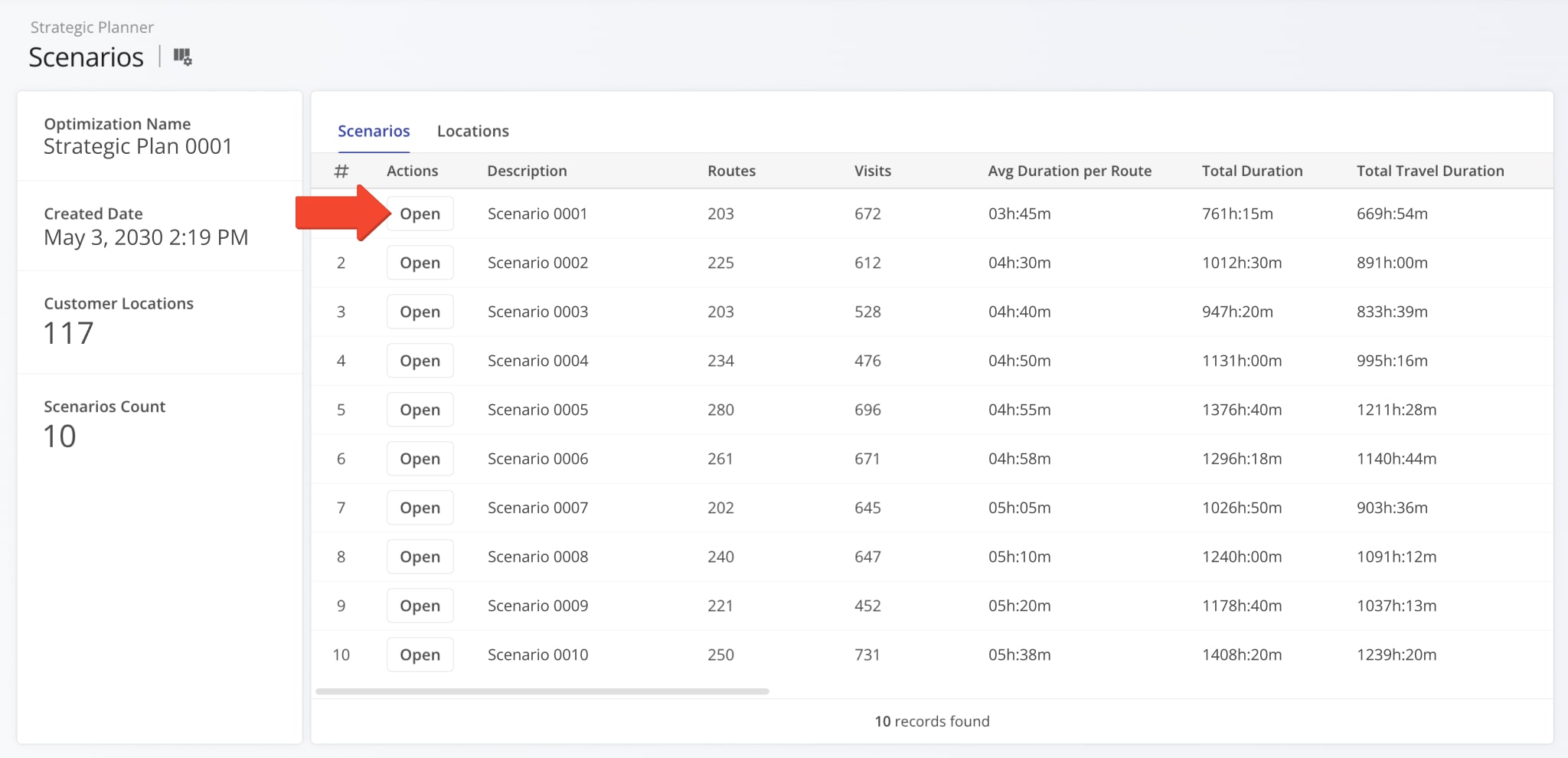 To see detailed information about a scenario's associated route plans, click the 'Open' button next to a scenario.