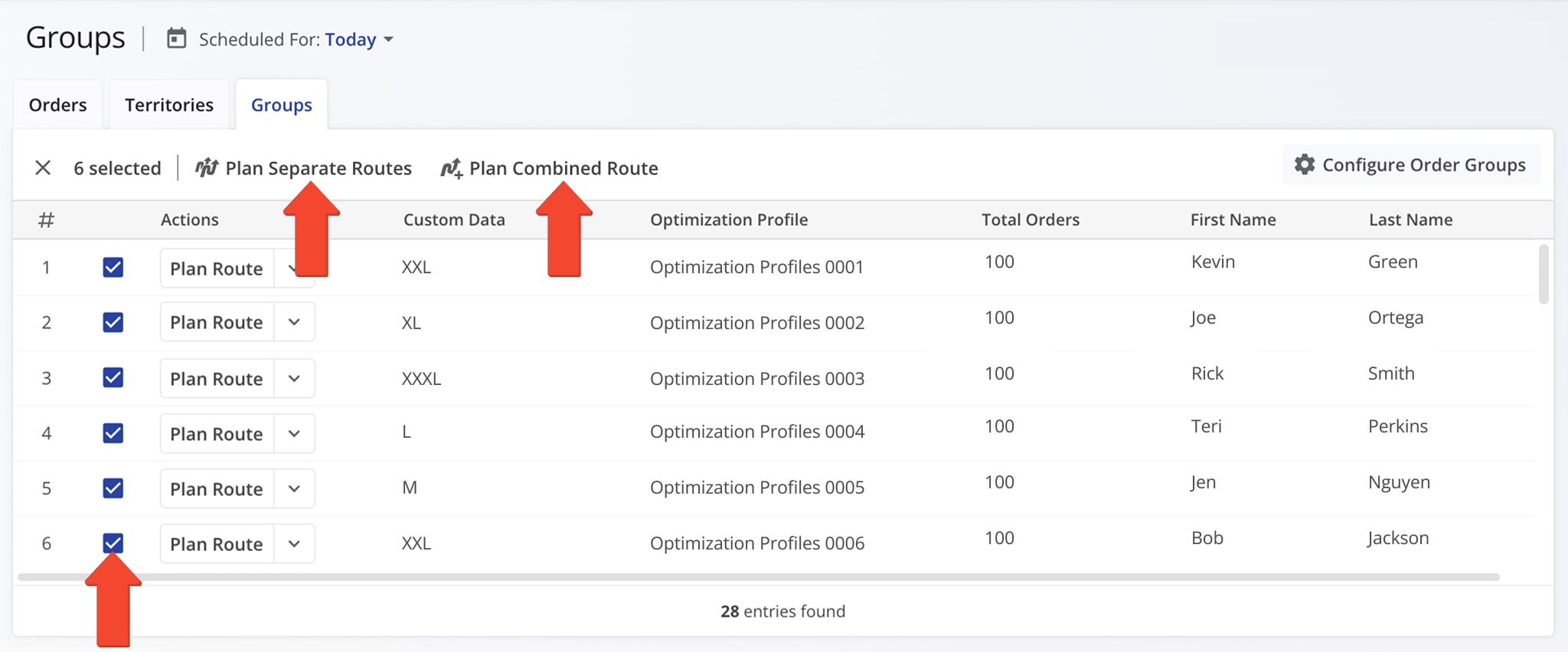 You can plan Order Groups as a single combined route or as separate routes for each group without combining them.