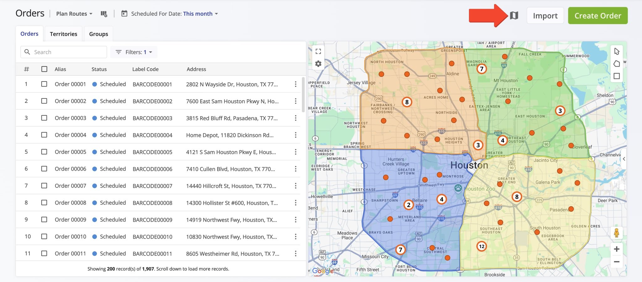 All orders added to your Route4Me account are automatically shown on the map according to your filters and preferences.