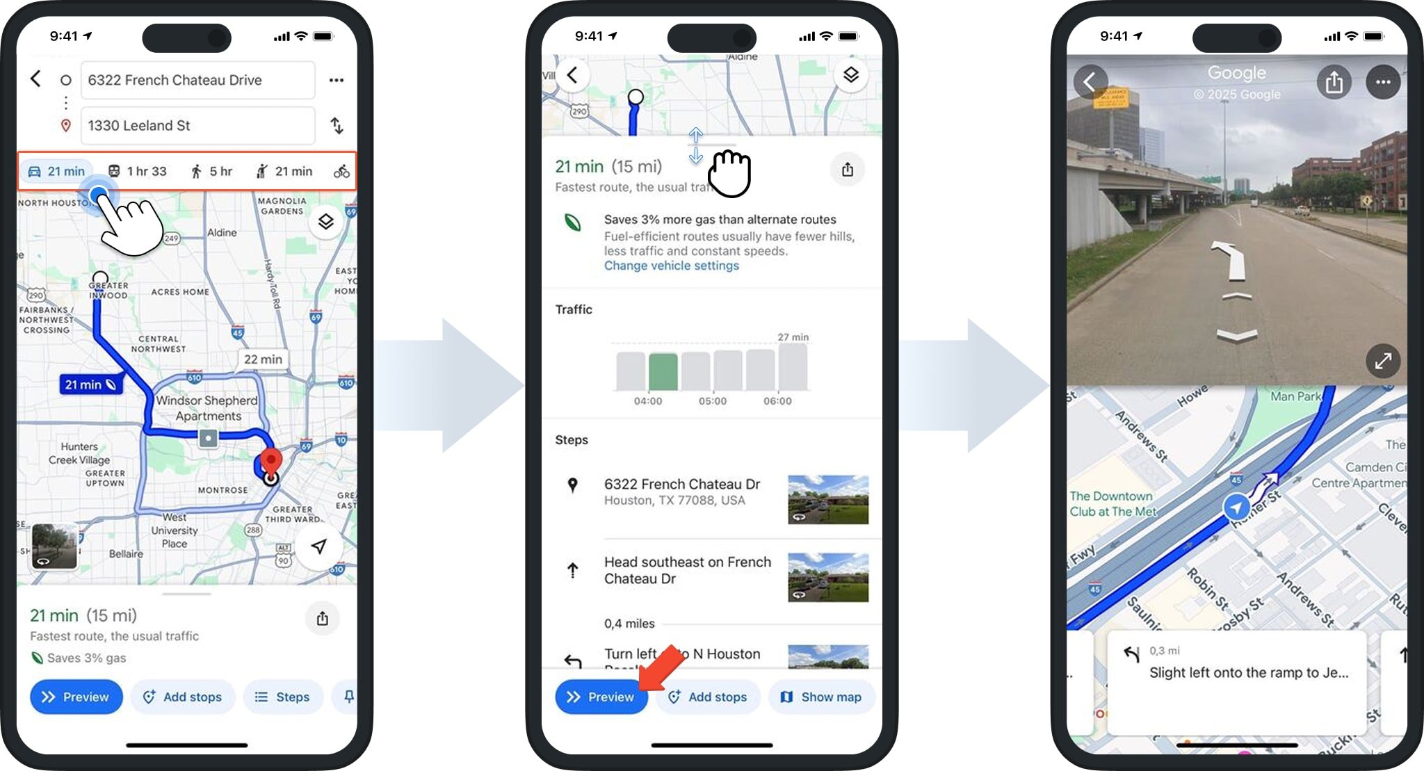 Choose a travel mode and adjust route options like tolls, highways, and fuel efficiency in the Trip Options menu.