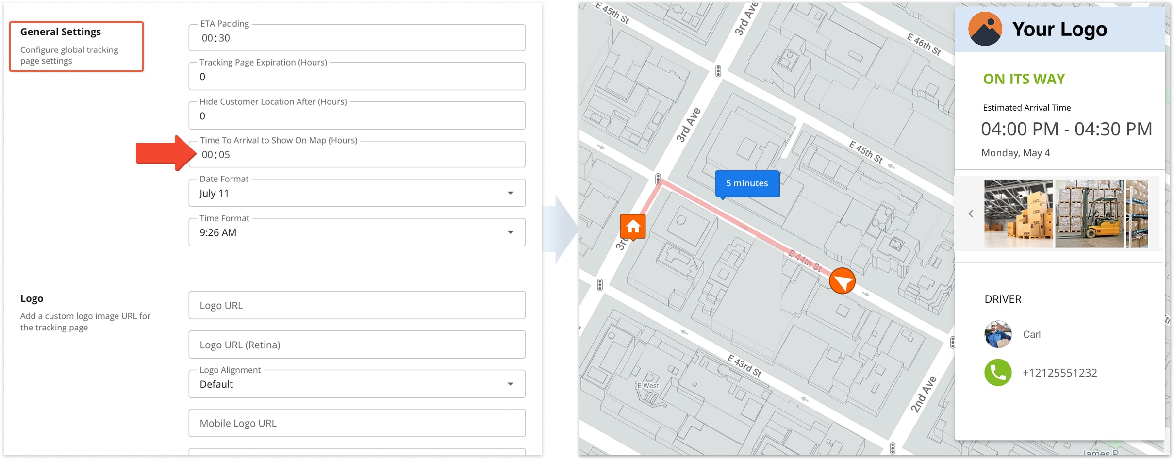 Customers will see the driver on the tracking page map when the ETA reaches this timeframe.