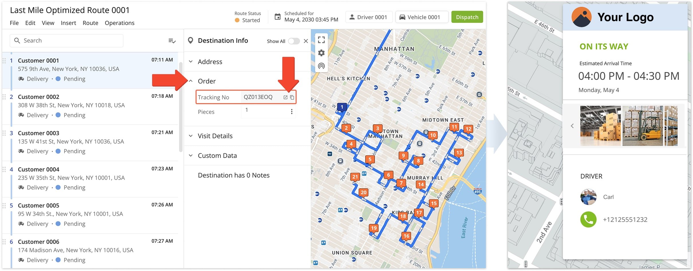 Check how customers see their order on the tracking page using order number in the Route Editor.