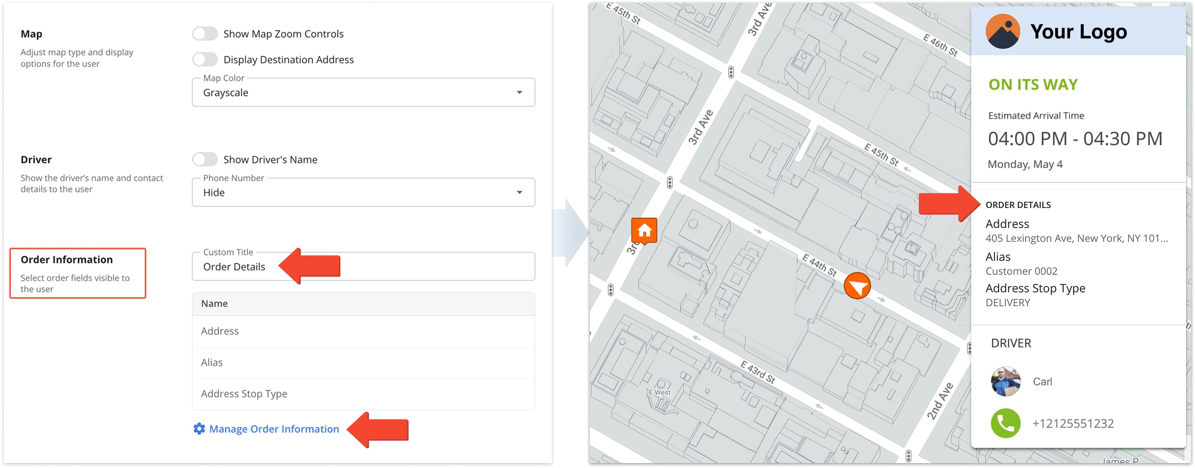 Display your preferred order details on the tracking page for customers.